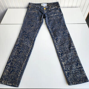 Jolt Jeans Women Juniors Sz 3 Blue Metallic Gold Print Skinny Zip Stretch 29x29